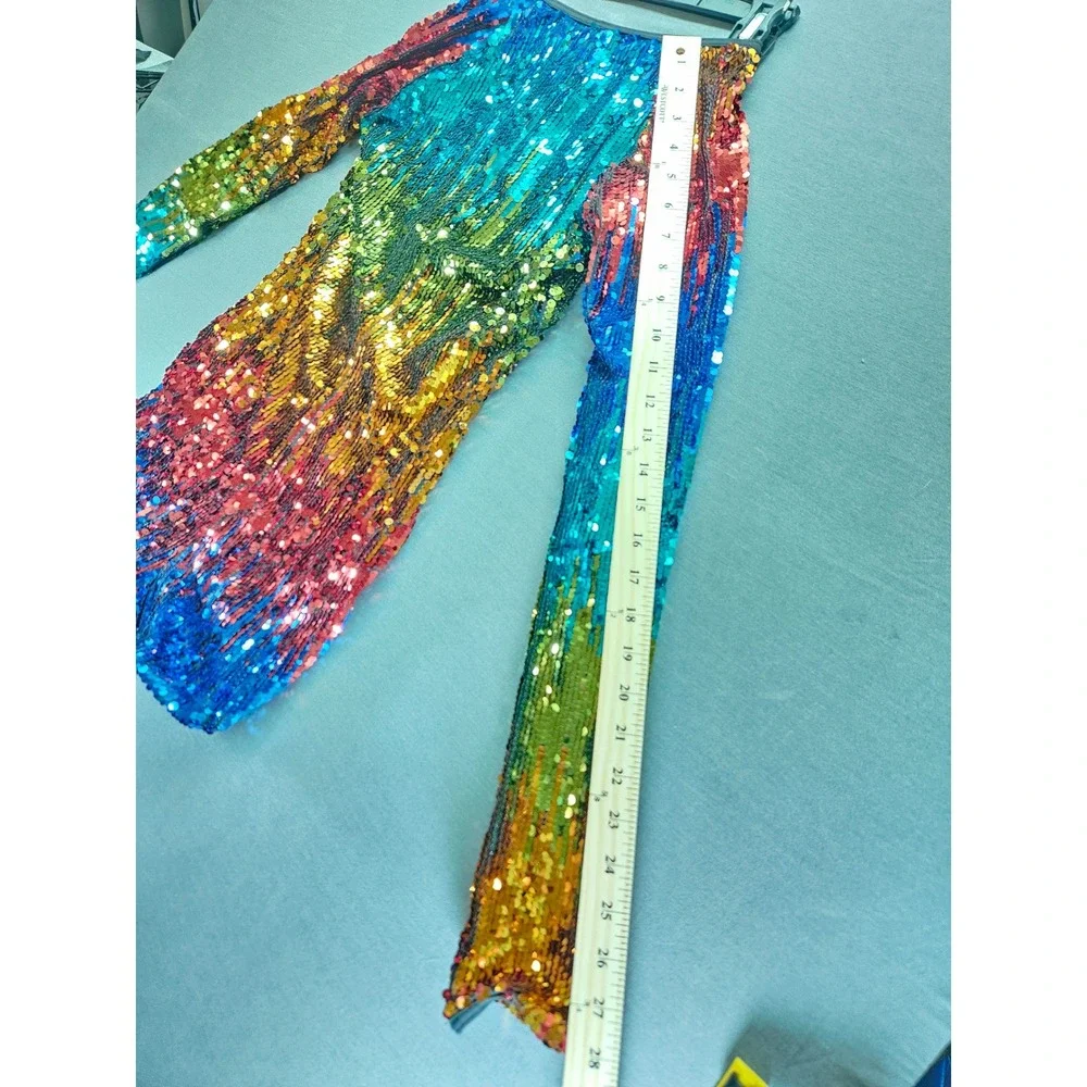 Rainbow Sequin Long Sleeve Romper Festival Rave Ombre Bodysuit Multicolor L/XL